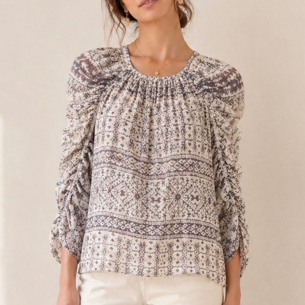 Ulla Johnson Cream and Gray Printed Gathered-Sleeve Blouse
